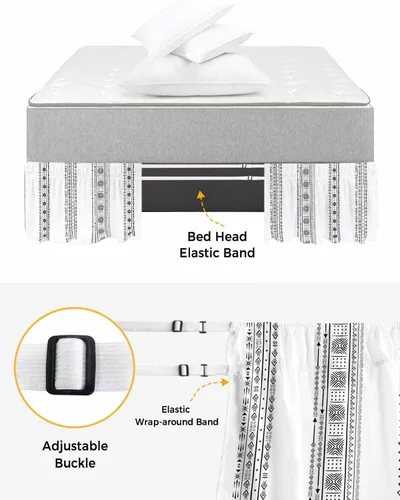 Miniatura 4 de Falda de cama bohemia tamaño King de 18 pulgadas de caída, ajustable y elástica, plisada, con volantes de lujo para cama individual, matrimonial