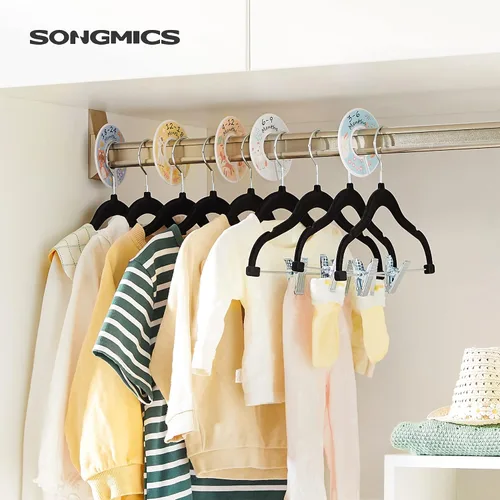 Miniatura 2 de SONGMICS Paquete de 30 perchas para pantalones de bebé con clips, perchas para niños con 6 separadores de ropa, perchas antideslizantes para ropa