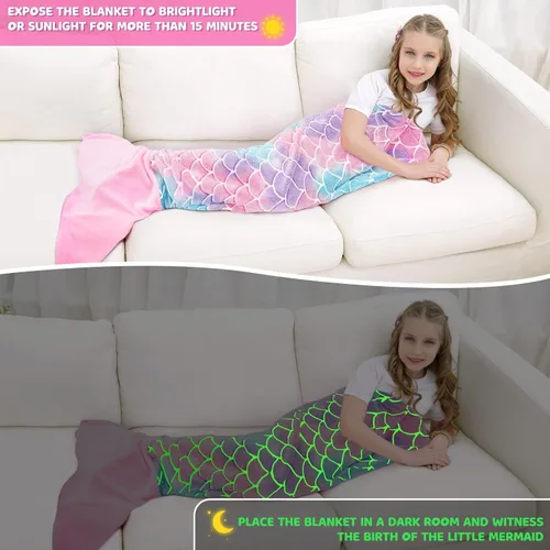 Miniatura 2 de WERNNSAI Manta de Cola de Sirena para Niños - Manta Ponible de Sirena que Brilla en la Oscuridad para Niñas de Invierno Franela Suave con Escamas
