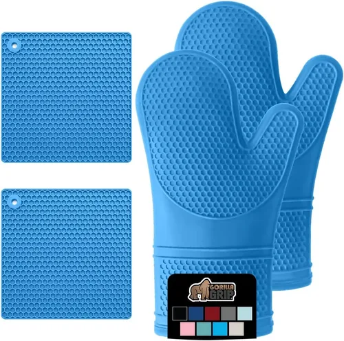 Miniatura 16 de Gorilla Grip - Juego de guantes de horno de silicona resistentes al calor extralargos, forro acolchado suave, guantes flexibles impermeables