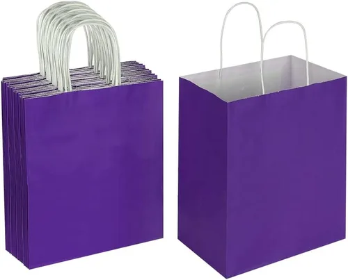 Miniatura 11 de Oikss Paquete de 50 bolsas de papel kraft medianas de color rosa fuerte de 8 x 4.75 x 10 pulgadas con asas a granel para cumpleaños, bodas, favores