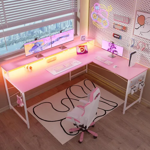 Miniatura 4 de Pamray Escritorio para juegos en forma de L de 64 pulgadas con tomas de corriente y luces LED, escritorio de esquina grande para computadora