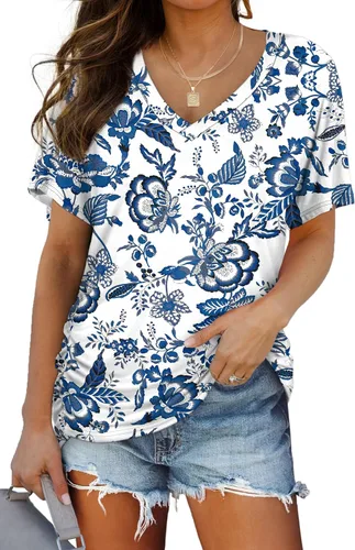 Miniatura 10 de WIHOLL - Camisetas de manga corta con cuello en V para mujer, holgadas, con fruncido lateral