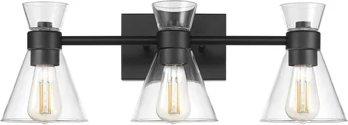 GLOBE 63000055 - Lámpara eléctrica de tocador de 3 luces, negro mate, pantallas de vidrio transparente, iluminación de maquillaje, accesorios de