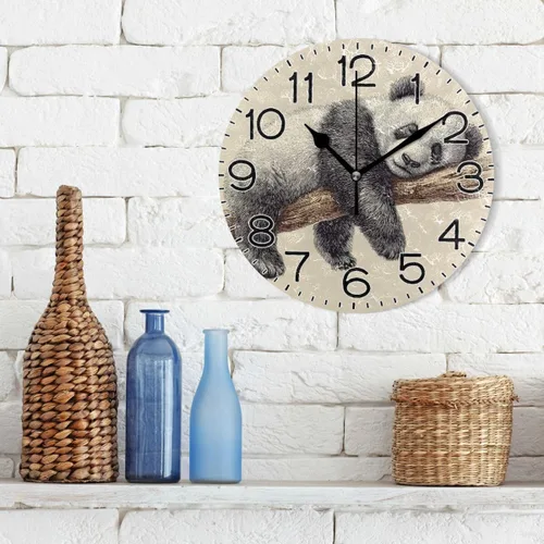 Miniatura 3 de ALAZA Reloj de pared con diseño de oso panda, funciona con pilas, silencioso, de cuarzo, analógico, rústico, estilo rústico, redondo, decoración