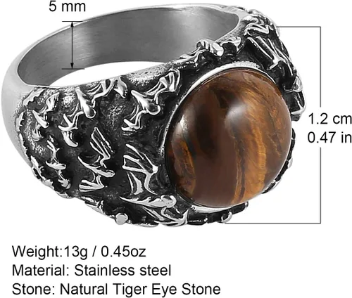 Miniatura 6 de HZMAN Anillo de boda retro de acero inoxidable gótico con piedra de ojo de tigre, turquesa, talla 7-14