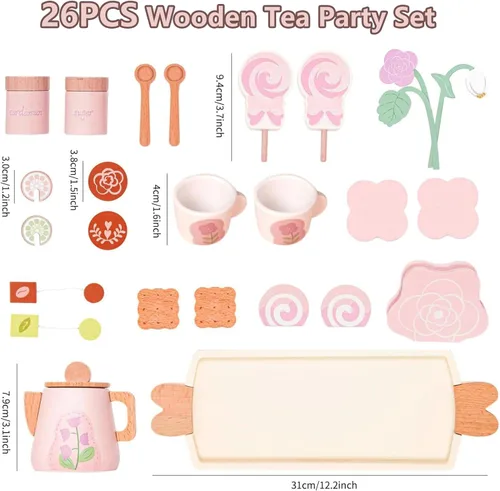 Miniatura 4 de Juego de té de madera para niñas pequeñas, juguete de juego de té con 27 piezas de accesorios de cocina de simulación, juguete de té de princesa