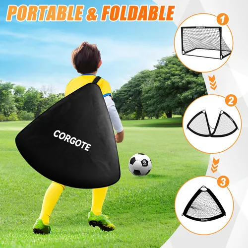 Miniatura 5 de Juego de 2 porterías de fútbol para patio trasero, red de fútbol portátil desplegable de 4 x 3 pies, equipo de entrenamiento de fútbol para niños