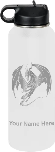 Miniatura 55 de LaserGram Botella de agua con tapa abatible de doble pared de 12 onzas con pajilla, dragón, grabado personalizado incluido (negro)