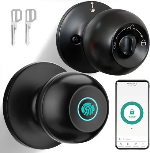 Miniatura 11 de JO.KO Pomo de puerta con cerradura y llave, cerradura de bola redonda mate negra para puerta interior/exterior para dormitorio o baño/manija