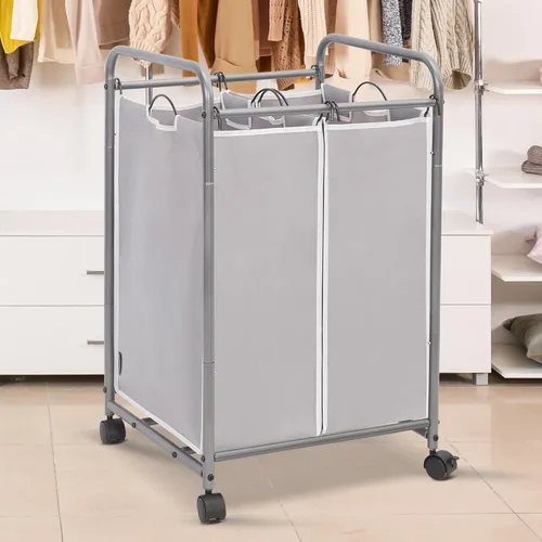 Miniatura 2 de STORAGE MANIAC Clasificador de ropa sucia de 2 secciones, cesta de lavandería de 90 litros con ruedas, clasificador separador de cesta de ropa, Gris