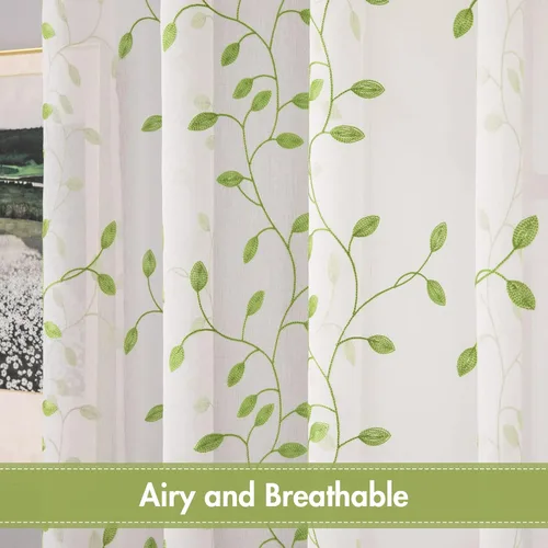 Miniatura 4 de MIULEE - Cortinas de ventana bordadas con diseño de hojas con ojales, diseño de primavera, velo para ventana en panel, cortina, tratamiento