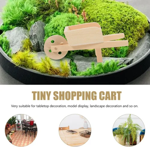 Miniatura 7 de jojofuny Modelo de carretilla de madera pequeña, carrito en miniatura para casa de muñecas, jardín de hadas y decoración del hogar, diseño ligero