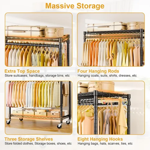 Miniatura 4 de ULIFHOME P5 Plus - Perchero resistente para colgar ropa, perchero de metal con ruedas, estante portátil de 3 niveles para armario de 45 pulgadas