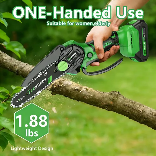 Miniatura 3 de Mini motosierra inalámbrica, pequeña motosierra eléctrica de 6 pulgadas con batería de 21 V y 3 cadenas, motosierra de mano alimentada por batería