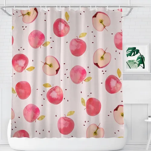 Miniatura 15 de KOMIKU Juego de cortina de ducha estética de frutas con diseño floral de cereza rosa, decoración de baño de frutas de verano, de poliéster, lona