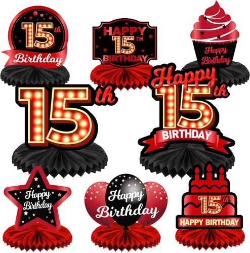 Feliz Cumpleaños 15 Centros de Mesa de Panal Rojo y Negro Globos Decoración Temática de Mesa Decoraciones de Mesa Adornos de Mesa para Niñas Mujeres