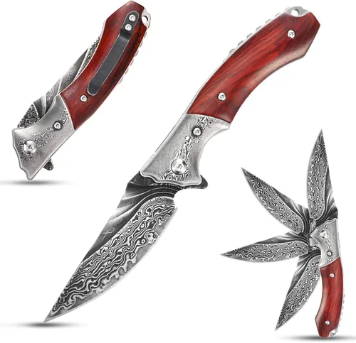 Miniatura 10 de Sitivien ST240 EDC Cuchillo plegable de acero Damasco con mango Dalbergia, bloqueo de hoja de núcleo VG10 y clip para cinturón, cuchillo de 240D