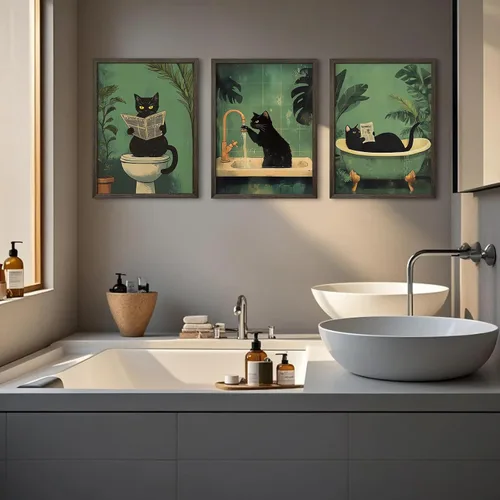 Miniatura 8 de Arte de pared de baño de gato, lienzo divertido para decoración de pared, imágenes de gato negro, impresiones lindas divertidas para baño, póster