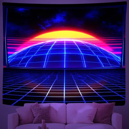 Miniatura 3 de Zpryzmia Blacklight Retro Synthwave Tapestry - Glow in the Dark Neon Starry Sunset Tapestries Geometric Grid Upright Posters Wall Hanging Room Decor