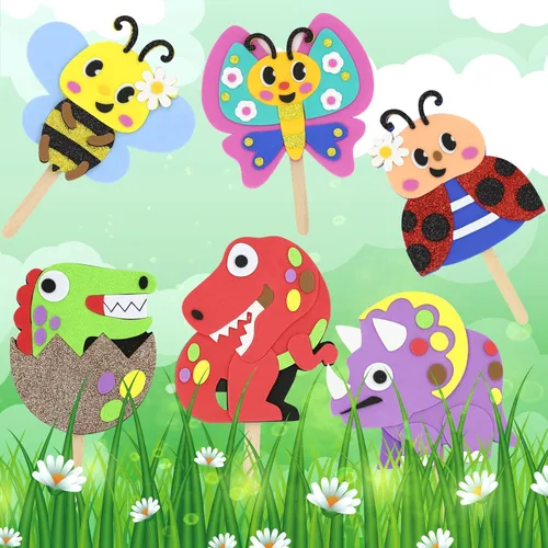 Miniatura 5 de VKPI Haz 6 marionetas de palillos para niños, manualidades de espuma, juguetes de tiempo de cuentos para niños mayores de 4 años, dinosaurios