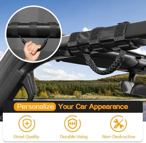 Miniatura 4 de Hoolcar 4 asas de agarre de barra antivuelco, asas de agarre de paracaídas compatibles con Jeep Wrangler YJ TJ JK JKU JL JLU y Gladiator JT Negro