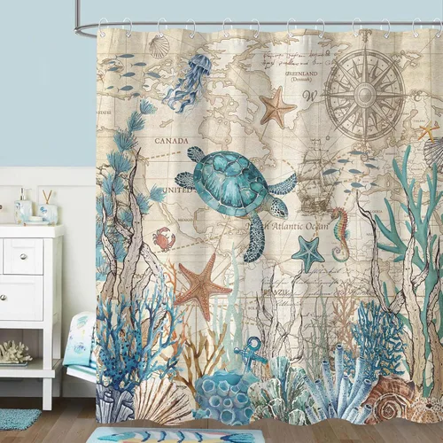 Cortina de ducha náutica costera con tortuga, cortina de baño vintage con diseño de coral, estrella de mar, concha marina, temática del océano,