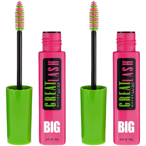 Maybelline Great Lash BIG Máscara lavable, Máscara voluminizadora, espesante y alargadora, color negro parduzco, 2 unidades Negro café.