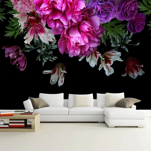 Papel pintado floral de peonía púrpura, mural botánico de hojas tropicales y flores de rosa para dormitorio (no pelar ni pegar)