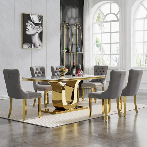 Miniatura 12 de Juego de mesa de comedor de mármol de lujo de 70 pulgadas para 4, juegos de mesa de cocina blanco y dorado para 4, mesa de comedor moderna de mármol