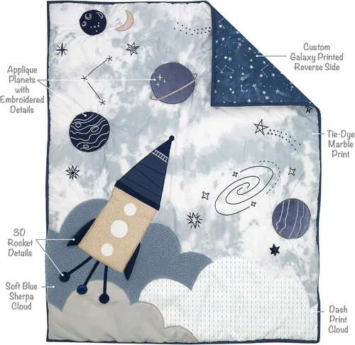 Miniatura 3 de Lambs & Ivy Sky Rocket - Juego de ropa de cama para cuna de bebé, 5 piezas, galaxia azul y espacio
