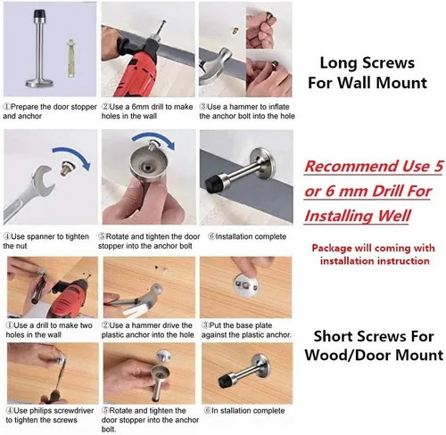 Miniatura 6 de Paquete de 2 topes de puerta de 6 pulgadas de largo, montados en la pared, tope de puerta extra largo de acero inoxidable con parachoques de goma