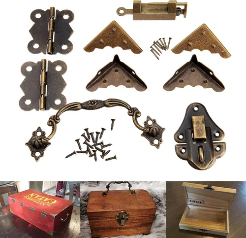 Miniatura 3 de dophee Cerradura decorativa retro, cerrojos de pestillo, tiradores, bisagras y caja de protectores de esquina Kit de hardware para caja de joyería