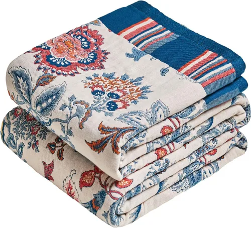 Miniatura 46 de MSGKV Manta de Tiro 100% Algodón para Cama Sofá Otoño 90''x 98'' Mantas de Muselina Súper Suaves Cálidas Colcha Bohemia Ligera Mantas Decorativas