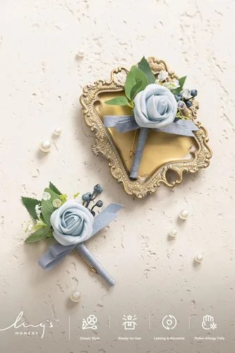 Miniatura 2 de Ling's moment Boutonniere para hombres, 2 piezas de novios, padrinos de boda, flores artificiales para bodas, bailes, regreso a casa, etc. Azul Azul