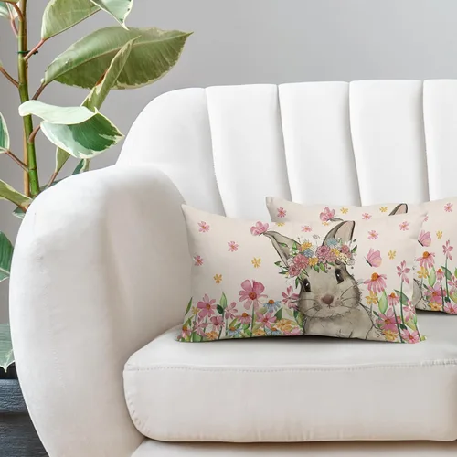 Miniatura 2 de Juego de 2 fundas de almohada de primavera de 12 x 20 pulgadas, diseño floral de conejo, conejo, floral, decorativas, lumbar, para sofá o cama