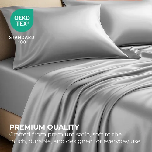 Miniatura 5 de Pure Bedding Sábanas de satén individuales [3 piezas, plateadas] Juego de sábanas sedosas de lujo para hotel, juego de sábanas de microfibra extra