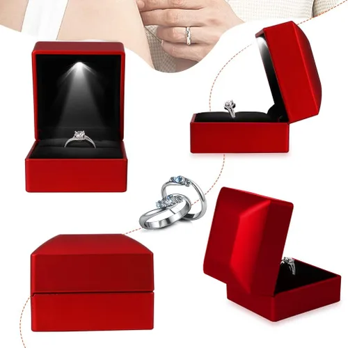 Miniatura 5 de iSuperb 2 cajas de anillo LED iluminadas para propuestas, compromisos, bodas, regalos (2 unidades, rojo)