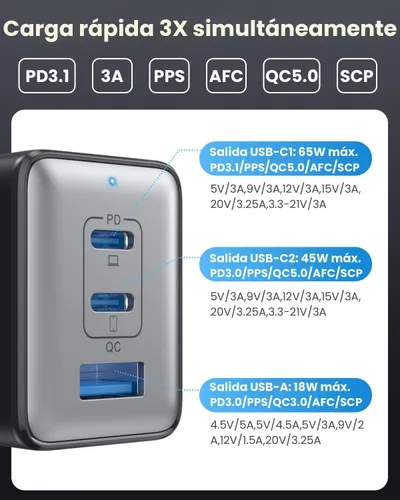 Miniatura 6 de Cargador de pared USB C de 128 W, estación de carga rápida de 3 puertos GaN III, bloque de cargador plegable PD QC, adaptador portátil de 65 W