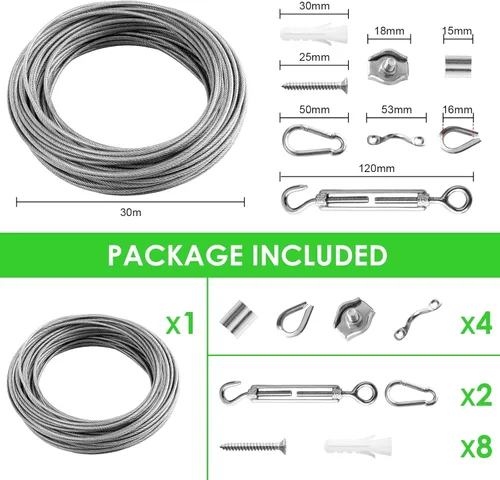 Miniatura 3 de Cuerda de alambre de 1/16 de 98 pies, 98.4 ft de acero inoxidable 304 tendederos, kit de tensor de alambre para colgar cuerdas, colgar alambre