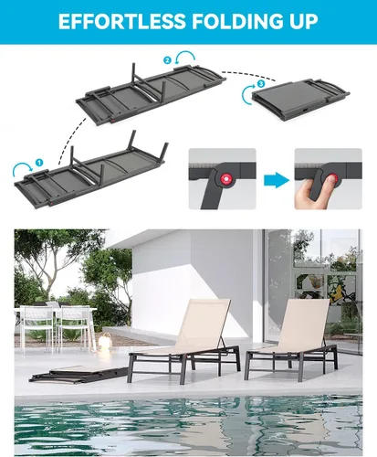 Miniatura 4 de Tumbona de aluminio para exteriores, silla plegable para patio, 2 juegos, sin montaje, sillas de piscina con 5 respaldos ajustables, sillas de salón