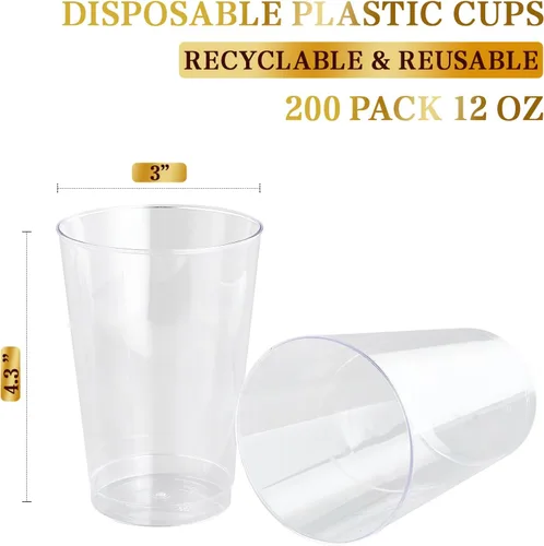 Miniatura 7 de FOCUSLINE Paquete de 200 vasos de plástico transparente de 12 onzas, vasos desechables vasos reutilizables de plástico, vasos transparentes