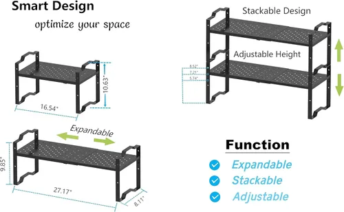 Miniatura 5 de Jojocross Estante expandible para organizador de gabinete, ajustable, apilable, especiero en la cocina y el baño, para encimera, armario, 2