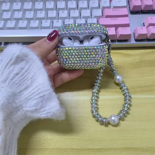 Miniatura 3 de Funda con diseño de diamantes de imitación brillantes con láser para AirPods Pro 2 con pulsera, bonita funda para auriculares con purpurina