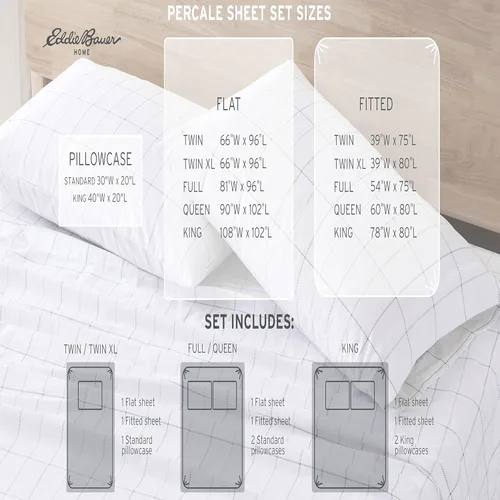 Miniatura 4 de Eddie Bauer - Sábanas tamaño King, juego de ropa de cama de percal de algodón, decoración del hogar crujiente y fresca (Methow Plaid Blue, King)