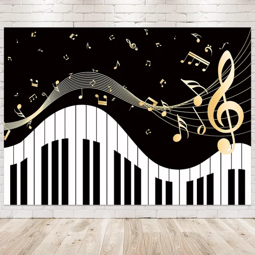 Newsely Fondo de Tema de Piano 7 pies de ancho x 5 pies de alto Fotografía Notas Musicales Doradas y Teclado de Piano Fondo Elegante Moderno de Moda