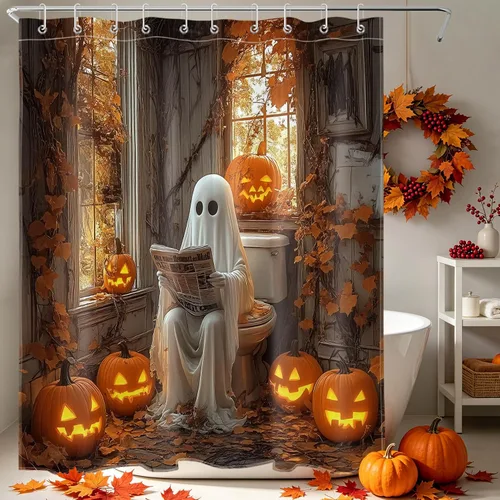 Miniatura 13 de HVEST Cortina de ducha de Halloween, linterna de calabaza y gnomo, cortina de ducha de baño, cortina de ducha de murciélago y araña, decorativa