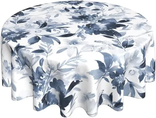 Mantel redondo de flores azul marino de 60 pulgadas, mantel de flores color azul oscuro y blanco, mantel de poliéster para fiestas de vacaciones,