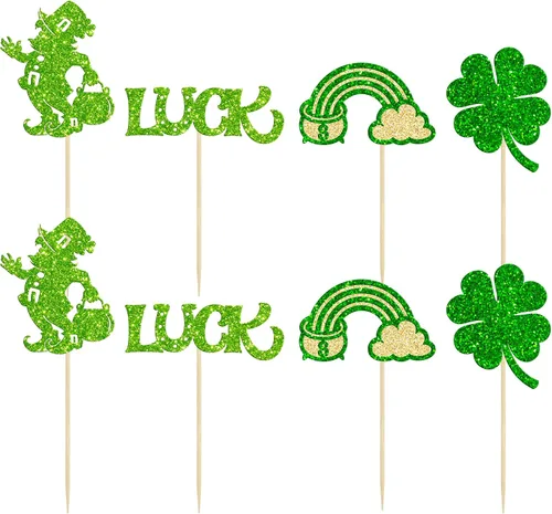 Miniatura 8 de Gyufise 1 decoración para pastel del día de San Patricio, trébol verde con purpurina de cuatro hojas, decoración de pastel de cumpleaños, decoración