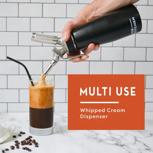 Miniatura 4 de EurKitchen Dispensador profesional de crema batida de acero inoxidable, recipiente para cremas batidas sin fugas, 3 boquillas decorativas y cepillo